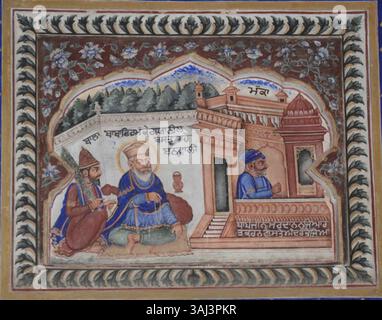 Un affresco raffigurante il Guru Nanak alla Mecca, indossando il tradizionale abito blu dei pellegrini musulmani. Guru Nanak è visto seduto con Bala, e Bhai Mardana entra nel santuario, simboleggiando il suo legame con tutte le fedi. L'opera d'arte, creata dagli artisti Naqqash, ritrae il viaggio spirituale universale di Guru Nanak. Foto Stock