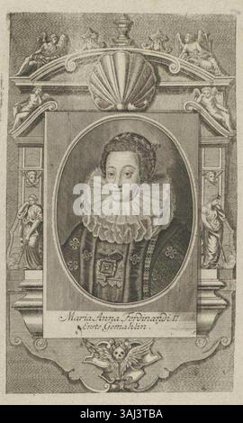 Ritratto di Eleonora Gonzaga (1598-1655), seconda moglie di Ferdinando II, imperatore del Sacro Romano Impero (1578-1637), erroneamente identificato con Maria Anna di Baviera (1574-1616), la prima moglie. Stampa incisione rame da 1721. Foto Stock