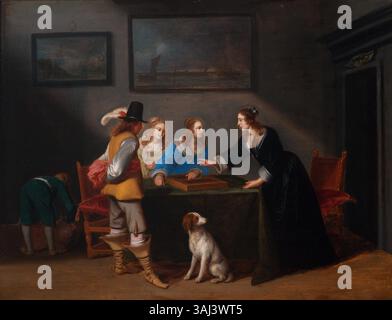 Questo dipinto del XVII secolo di Christoffel Jacobsz. Van der Laemen mostra un gruppo elegante che gioca a backgammon. Riflette la vita sociale alla moda del periodo ed è notevole per la sua attenzione ai dettagli. Foto Stock