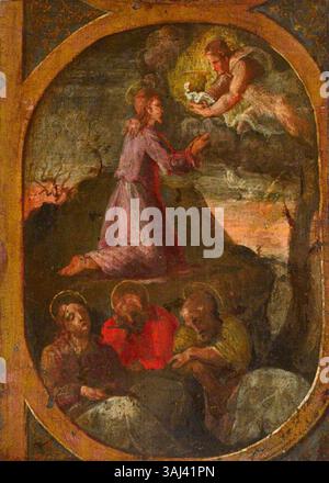 Questo dipinto religioso del XIX secolo raffigura la scena biblica dell'agonia di Cristo nel giardino. L'olio su tavola illustra il momento della preghiera e del dolore di Cristo prima della sua crocifissione, momento fondamentale della storia cristiana. Foto Stock