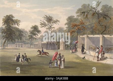 La litografia del 1848 di Charles D'Oyly cattura la Menagerie di Barrackpore, con vari animali esotici nel loro recinto. La raffigurazione di D'Oyly fornisce informazioni sulle collezioni zoologiche dell'epoca coloniale, riflettendo gli interessi coloniali britannici nel mostrare specie rare durante il XIX secolo. Foto Stock