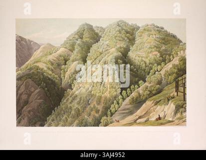 Questa stampa del 1852 di Thomas Ashburton Picken raffigura Simla, mostrando la faccia nord di Jukko e vari edifici, tra cui la residenza di Sir Henry Elliott e la casa del capitano Mavow. Elysium Hill e il Foreign Office sono inoltre presenti, offrendo una vista del sole del mattino presto nella regione di Shimla in India. Foto Stock