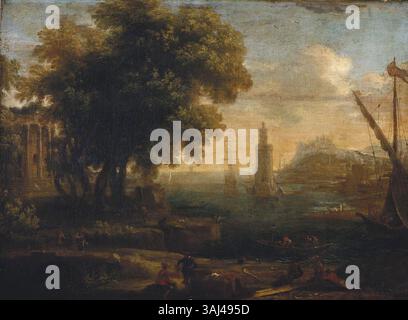 Questo dipinto di paesaggio, nello stile di Claude Lorrain, ritrae una tranquilla scena portuale con luce soffusa che si riflette sull'acqua, tipica dei paesaggi di Lorrain. Dipinto tra il 1630 e il 1720, sottolinea la bellezza della natura e il sereno ambiente marittimo. Foto Stock