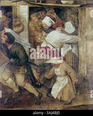 Questo dipinto, attribuito a Pieter Brueghel il Vecchio o alla sua cerchia, ritrae i contadini che ballano in una scena vivace e festosa. L'opera è un esempio di arte fiamminga del XVI secolo, raffigurante la vita rurale e la cultura contadina. Foto Stock