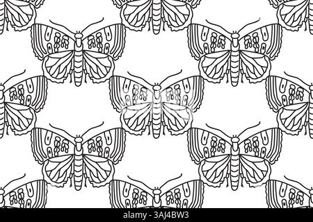 Farfalle botaniche line art illustrazione vettoriale con motivo senza cuciture. Delineare la farfalla doodle ripetuta su sfondo bianco. Design grafico per Fashio Illustrazione Vettoriale