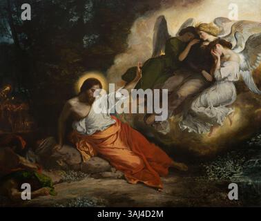 "L'agonia nel giardino" di Eugène Delacroix, dipinta nel 1827, ritrae Cristo nel giardino del Getsemani, sofferente nella preghiera prima della sua crocifissione. Questo olio su tela è una rappresentazione drammatica della lotta emotiva di Cristo. Foto Stock
