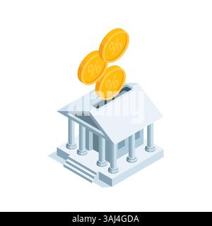 banca isometrica con un buco come un salvadanaio e monete cadenti, a colori su sfondo bianco, depositi o risparmi di denaro Illustrazione Vettoriale