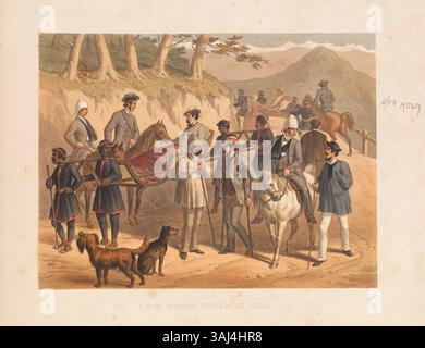 Questa stampa mostra gli ufficiali feriti a Simla nel 1857. La stazione collinare britannica servì come rifugio per i soldati malati e feriti durante l'ammutinamento indiano, con un clima più favorevole rispetto alle pianure sottostanti. Foto Stock