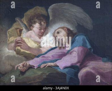 Questo dipinto religioso del XVIII secolo raffigura il momento dell'agonia di Cristo nel Giardino del Getsemani. La scena cattura l'intensità emotiva della preghiera di Cristo e l'inizio della sua sofferenza, resa in olio su tela. Foto Stock