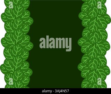 Le foglie di spinaci verdi incorniciano il bordo verticale senza cuciture le verdure a foglia, la boxe e i bordi. modello scheda. Striscioni per illustrazioni piatte vettoriali, stampa Illustrazione Vettoriale