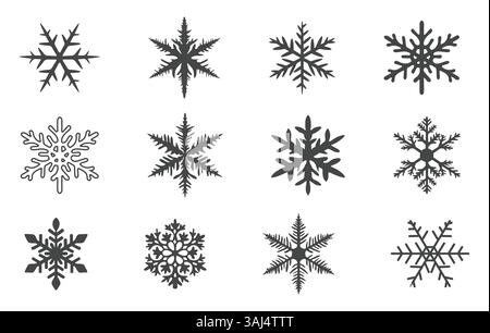 Silhouette del fiocco di neve, Clipart del fiocco di neve, vettore del fiocco di neve, icona del fiocco di neve. Illustrazione Vettoriale