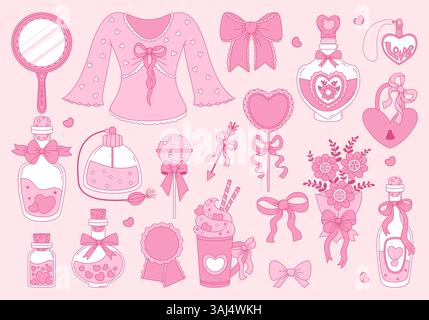 Set di coquette rosa vintage. Romantica Girly Vibe. Bottiglia magica, profumo, fiocco a nastro, specchio, pendente, cuore, fiori bouquet, Sweet, Love Lock e Freccia Illustrazione Vettoriale