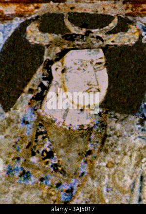 Questo dettaglio dal soffitto del Buddha di 38 metri a Bamiyan mostra i donatori eftaliti, figure chiave che hanno contribuito al patrimonio buddista della regione nel vi secolo. La loro rappresentazione mette in evidenza lo scambio culturale e l'influenza dell'Impero eftalita sull'arte buddista della regione. Foto Stock