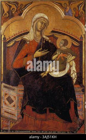 La "Vergine e Cristo bambino in trono" di Guido da Siena del 1270 presenta la Vergine Maria e il Cristo bambino seduti su un trono. Questa tempera su tavola è un esempio chiave dell'arte religiosa gotica primitiva, concentrandosi sulla purezza divina e sulla cura materna. Foto Stock