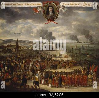 La partenza di Carlo II da Scheveningen, dipinta dalla scuola olandese tra il 1660 e il 1685. Questo storico dipinto ad olio su tela raffigura la partenza del re inglese durante il suo esilio nei Paesi Bassi. Foto Stock