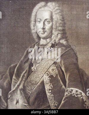 Incisione di Markgraf Georg Friedrich Karl von Brandenburg-Kulmbach (1688-1735), che mostrava il suo status militare e nobile durante il XVIII secolo in Germania. L'incisione cattura la sua somiglianza in uno stile storico e formale. Foto Stock