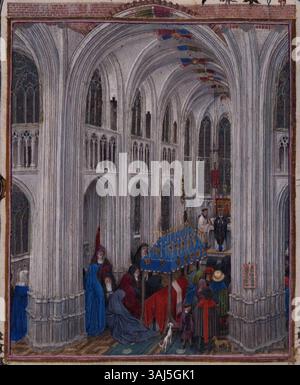 Questa miniatura delle ore Milano-Torino di Jan van Eyck illustra la messa per i morti. Riflette la magistrale tecnica di van Eyck nel raffigurare rituali sacri e la sua intricata gestione della luce e dei dettagli nell'arte religiosa. Foto Stock