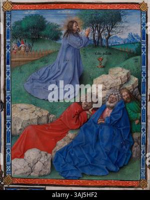 Una miniatura tratta da "le ore di Milano-Torino" di Jan van Eyck, raffigurante l'agonia di Cristo nel giardino, creata intorno al 1420 in stile rinascimentale settentrionale. Foto Stock