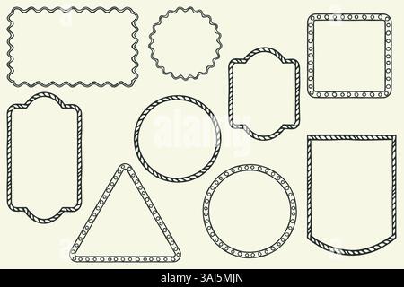 Cornice decorativa per un set grande. Design a forma di doodle, tratto di inchiostro nero disegnato a mano elementi isolati con bordo ondulato, forme rettangolari, cerchio Illustrazione Vettoriale