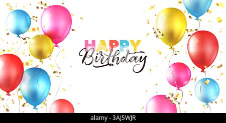 Banner per buon compleanno, poster, modello di design per biglietti d'auguri con palloncini 3d realistici rosa, rosso, blu e giallo. Anniversario delle festività Vector lucida Illustrazione Vettoriale