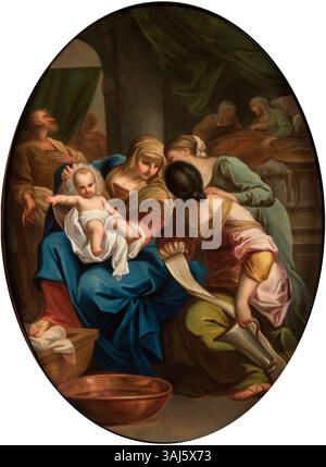 Questo dipinto ad olio su tela del 1741 di Szymon Czechowicz ritrae la Natività della Vergine Maria. L'opera d'arte è ospitata nella Chiesa di Sant'Anna a Cracovia, che riflette lo stile barocco di Czechowicz di narrazione religiosa. Foto Stock