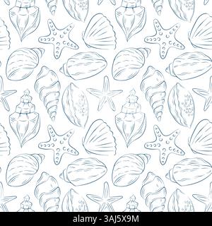 Motivo senza cuciture con conchiglia disegnata a mano e stelle marine in stile line art. Perfetto per design a tema spiaggia, stampa oceano, decorazioni estive, marine, costiere Illustrazione Vettoriale