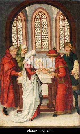 Questo dipinto del XV secolo di Ludwig Schongauer, intitolato "circoncisione di Cristo", raffigura l'evento religioso dei primi anni di vita di Cristo, eseguito in olio su tavola e parte di una pala d'altare più grande. Foto Stock