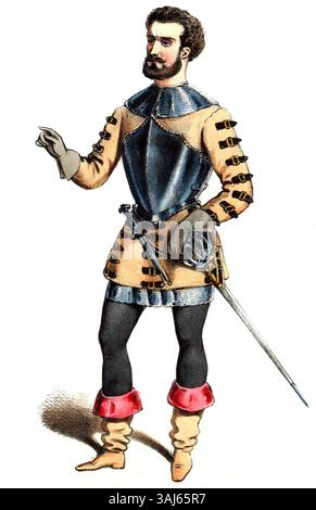 Questa litografia di Alexandre Lacauchie del 1847 illustra Hermann Léon nel suo ruolo di Malipieri dall'opera *Haydée* di Auber, catturando un momento drammatico dalla rappresentazione. Foto Stock