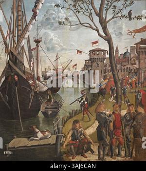 Questo dipinto a tempera del 1490 di Vittore Carpaccio raffigura l'arrivo dei Pellegrini a Colonia, parte della leggenda di Sant'Orsola. L'opera d'arte espone una scena religiosa della fine del XV secolo, mettendo in evidenza la devozione e il pellegrinaggio dell'epoca. Foto Stock