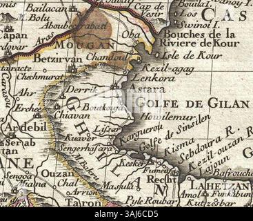La mappa della Persia di Guillaume Delisle del 1724, creata per re Luigi XV, copre una vasta regione che comprende l'Iran moderno, l'Iraq, l'Afghanistan e molto altro ancora. La mappa è un importante manufatto storico che mostra le prime conoscenze geografiche della regione. Foto Stock
