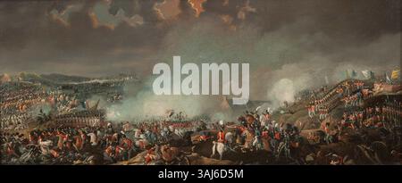 Questo dipinto ad olio del XIX secolo di William Sadler II raffigura la battaglia di Waterloo, uno dei conflitti più significativi della storia. L'opera d'arte mostra l'importante scontro tra l'esercito francese di Napoleone e le forze alleate nel 1815. Foto Stock