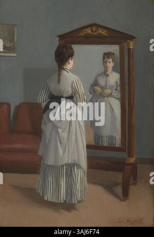 "Lo specchio a tutta lunghezza" di Eva Gonzalès, dipinto tra il 1869 e il 1870, raffigura una figura in un'elegante scena a specchio, catturando un momento di riflessione. Il dipinto, ospitato alla Galleria Nazionale, è un notevole esempio di arte francese del XIX secolo. Foto Stock