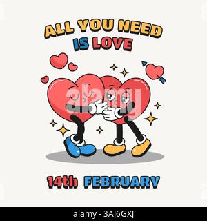 Striscione o biglietto di auguri per San Valentino. Personaggi pop art cuori o emoji romantiche. Bacio di amanti o di coppie innamorate. Stile anni '90. Illustrazione Vettoriale