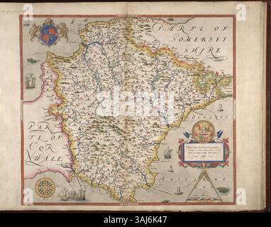 La mappa del Devon di Christopher Saxton, pubblicata per la prima volta nel 1583, è un'opera cartografica significativa della fine del XVI secolo. Questa mappa, una delle prime del suo genere in Inghilterra, raffigura in dettaglio la geografia e i monumenti della regione del Devonshire. Foto Stock
