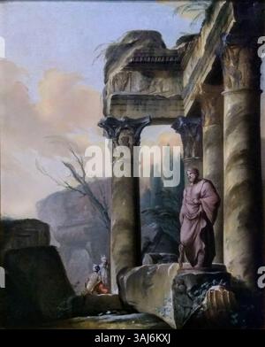 Il dipinto del 1754 di Jean Barbault, «Ruines avec la statue d'Esculape», raffigura antiche rovine con la statua di Esculapio, il dio greco della guarigione, che simboleggia il legame tra l'antica scultura e le rovine dell'antichità classica. Fa parte della collezione "le Paragone". Foto Stock