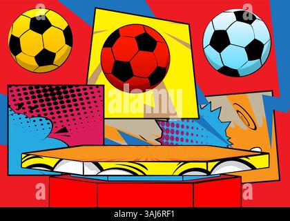 Comic Book Product podio per la presentazione del mockup con pallone da calcio. Sfondo fumetti retrò. Illustrazione Vettoriale