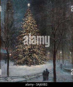 Il dipinto del 1912 di Paul Cornoyer "Christmas at Madison Square Park" raffigura una scena natalizia, con un albero di Natale illuminato nel parco. L'olio su tela cattura lo spirito festivo nella New York del XX secolo, riflettendo l'atmosfera culturale e sociale del tempo. Foto Stock
