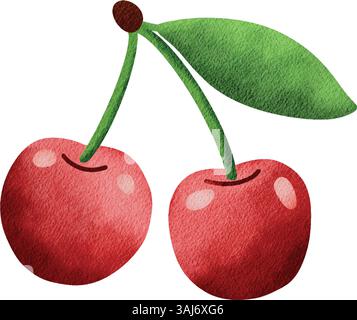 Un'illustrazione di due ciliegie rosse con un gambo e una foglia verdi, isolate su sfondo bianco Illustrazione Vettoriale
