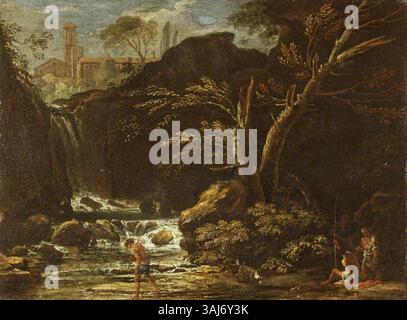 Questo dipinto di paesaggio, attribuito a Salvator Rosa o al suo stile, raffigura una scena serena con una cascata e pescatori. L'olio su tela, risalente al XVII o XVIII secolo, mostra il caratteristico stile drammatico e atmosferico di Rosa, catturando l'ambiente naturale e le figure umane in modo dettagliato e dinamico. Foto Stock