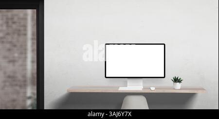 Modello di display per computer da ufficio in un'area di lavoro pulita e piatta, con una singola pianta sulla scrivania e sulla porta dell'ufficio sulla sinistra, perfetto per crusca ecocompatibile Foto Stock