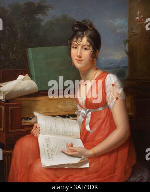 Un ritratto di Adèle Romany del 1802, raffigurante Mlle Thevenet de Montgarrel, una giovane donna vicino a un pianoforte, con una partitura musicale. Il dipinto cattura l'eleganza della società francese dei primi anni del XIX secolo e il significato culturale della musica. Foto Stock