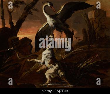 Il dipinto di Abraham Hondius del 1670 circa, "tre cani che attaccano una gru", raffigura un'intensa scena di caccia ambientata in un paesaggio. L'azione viene catturata con dettagli precisi, evidenziando i movimenti degli animali e l'ambiente naturale circostante. Foto Stock