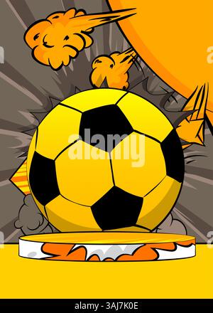 Comic Book Product podio per la presentazione del mockup con pallone da calcio. Sfondo fumetti retrò. Illustrazione Vettoriale