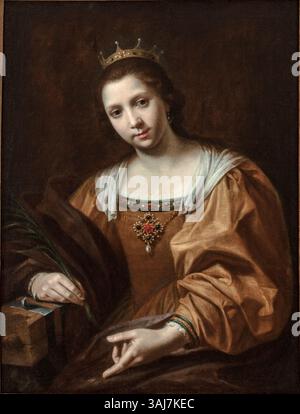 L'Autoritratto di Virginia Vezzi come Santa Caterina d'Alessandria, dipinto tra il 1623 e il 1625, mostra l'abilità dell'artista nel catturare l'iconica immagine di Santa Caterina. La pittura a olio su tela riflette il profondo impegno di Vezzi con temi religiosi e l'auto-rappresentazione all'inizio del XVII secolo. Foto Stock