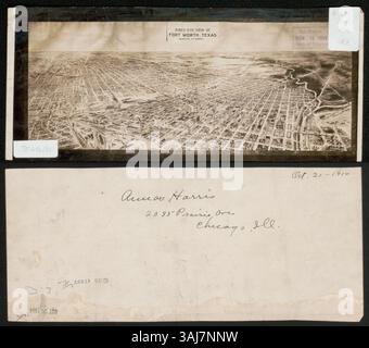 Questa vista dall'alto del 1914 di Fort Worth, Texas, di Amos S. Harris fornisce una mappa prospettica che mostra la struttura della città da un punto di vista elevato. La mappa non è in scala ed è disponibile attraverso la Biblioteca del Congresso. Foto Stock