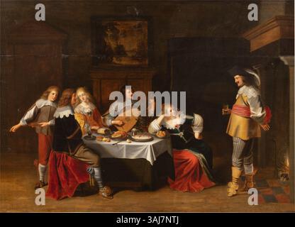 Questo dipinto ad olio del XVII secolo di Christoffel van der Laemen raffigura un elegante gruppo di persone che si godono musica, cibo e bevande in un ambiente interno, catturando i piaceri delle riunioni sociali durante il periodo. Foto Stock