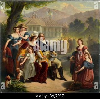 Un ritratto del 1821 di August von Heckel di re Massimiliano i di Baviera, la sua seconda moglie la regina Carolina, e le loro cinque figlie. Questo dipinto riflette l'importanza della famiglia reale all'inizio del XIX secolo, catturando il loro abbigliamento e status. Foto Stock