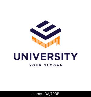 Logo vettoriale esagonale moderno con lettera e e cappello di laurea Design educativo unico per la progettazione del logo scolastico, corso online, istruzione Illustrazione Vettoriale