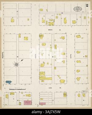 Mappa Sanborn Fire Insurance di Chelsea, Rogers County, Oklahoma, creata nell'agosto 1908, con la disposizione degli edifici e i dati dell'assicurazione antincendio. Foto Stock