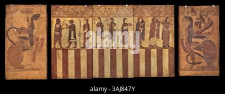 Le placche Boccanera, risalenti al 560-550 a.C., sono reperti etruschi rinvenuti a Cerveteri. Queste placche fanno parte della collezione al British Museum di Londra. Foto Stock